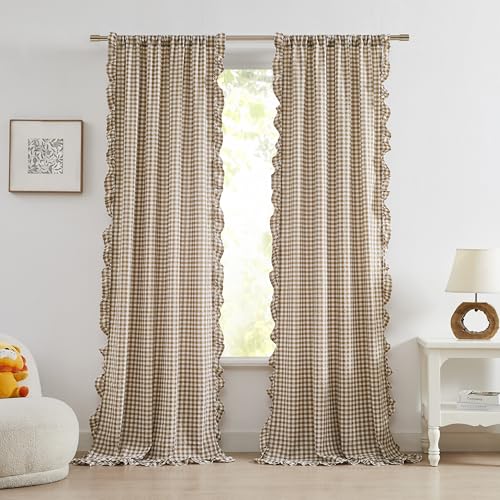"ZJDECOR 90 Inch Brown Buffalo Plaid Crinkle Curtains with Ruffle Edges - Neutral Farmhouse Not-See-Through Sheer for Bedroom Living Room,Rustic Window Treatment,Rod Pocket,40""Wx90""L(Pack of 2)"