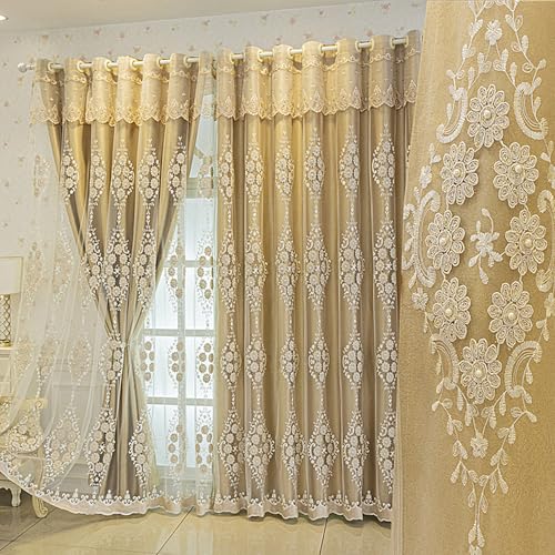 Amidoudou 1 Pair European Double Layer Curtains with Valance for Living Room Bedroom 3D Flower Embroidered Curtains (Gold,51x96 Inch)