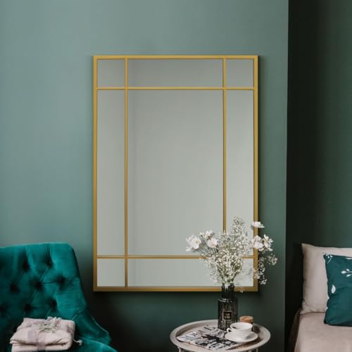 "MirrorOutlet The Fenestra - Gold Modern Contemporary Wall Mirror 39"" X 27"" (100CM X 70CM) Silver Mirror Glass with Black Metal Frame.…"