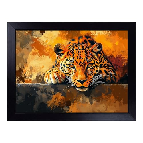 Lap Tray with Bean Bag Cushion, Leopard Composition - Handmade in the UK, Raised Wooden Edge, Padded Cushion, Heat-Resistant Wipe-Clean Surface, for Meals, Laptops and Crafts