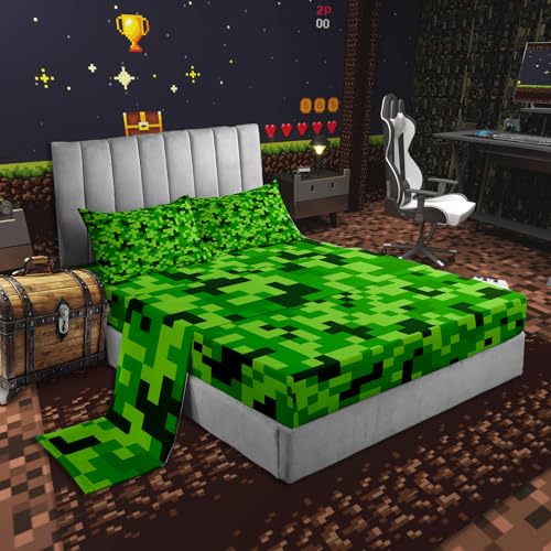 Green Pixelated Miners Gamer Bedding Set Twin Size,Video Games Bed Sheets for Kids Boys Girls Teens Room Decor,Cartoon Gamepad Fitted Sheet Modern Geometric Check Top Flat Sheet,1 Pillowcase