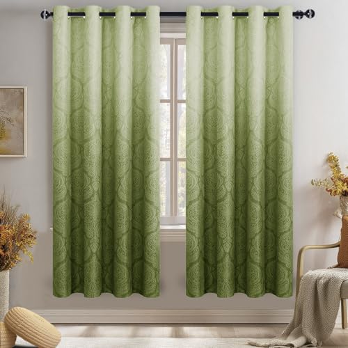 DWCN Ombre Curtains 63 inches Long - Damask Pattern Ombre Thermal Insulated Grommet Room Darkening Window Blackout Curtains for Bedroom/Living Room, W 52 x L 63 Inch, Set of 2 Panels, Moss Green