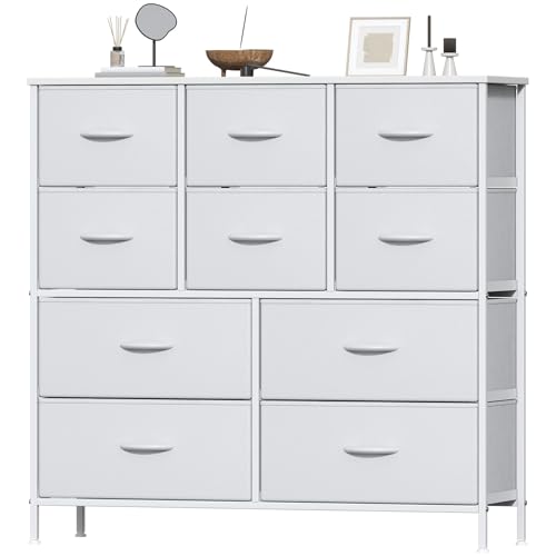 Feonase Chest of Drawers, Bedroom Tall Dresser with 10 Fabric Drawers, Metal Frame & MDF Wood Top, Adjustable Feet, Storage Organizer Unit for Bedroom, Closet, Living Room, Hallway, White