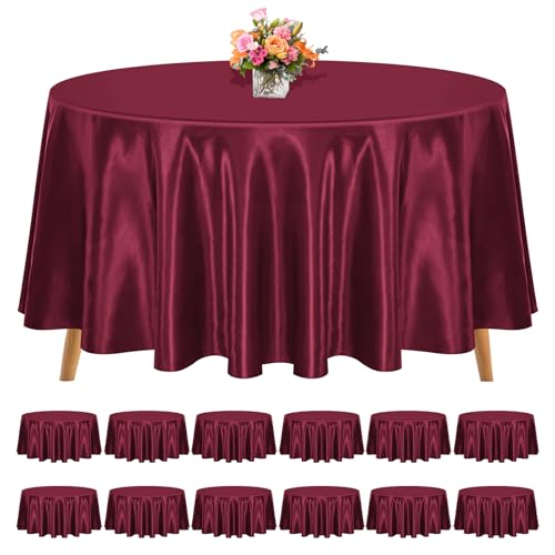 REWOMC 12 Pack 120 Inch Round Satin Tablecloth, Burgundy - Bright Silk Tablecloth, Smooth Washable Fabric Table Covers, Overlay Silky Decoration Wedding Party Banquet Birthday