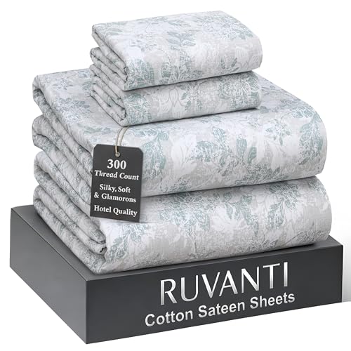 "RUVANTI 100% Cotton Sateen Sheets Full Size, Floral Imprint - Full Size Sheets 300 Thread Count 4 Piece Set, 16"" Deep Pocket, Cooling Bed Sheets For Hot Sleepers, Breathable & Durable"