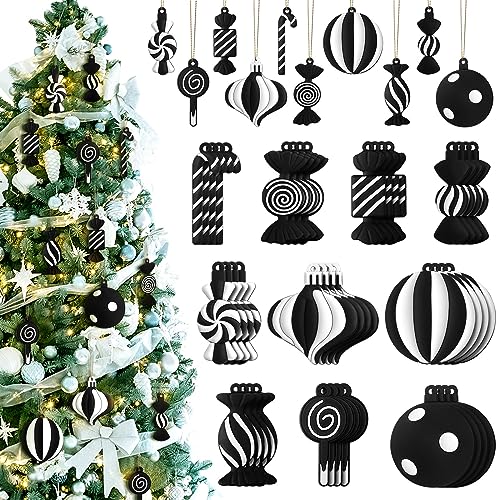 Panelee 40 Pcs Black and White Christmas Tree Ornaments PVC Xmas Candy Cane Lollipop Ornament Christmas Hanging Decors Birthday Party Decoration Crafts for Holiday Xmas Tree Party (Novel Style)