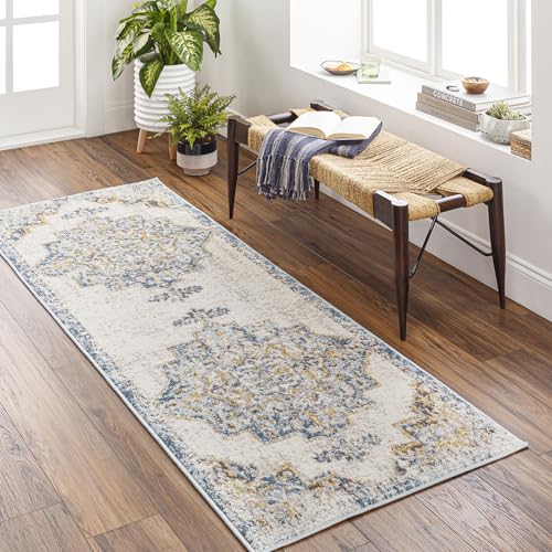 Livabliss Orlando Vintage Rug - Hallway Runner Rugs Living Room 80x220 cm - Scandi Neutral Rug, Traditional Patterned Boho Style, Natural Easy Care Pile - Hallway Runners, Blue, Mustard and Beige