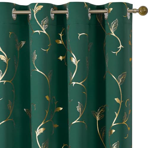 BUHUA Gold Blackout Curtains 72 Inches Length for Christmas, Thermal Curtain for Bedroom 2 Panels Set, Room Darkening Curtains with Wave Vine (52W??72L Emerald Green)