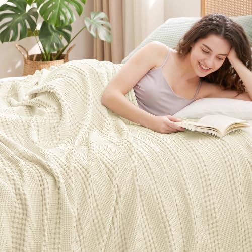 "PHF Cooling Waffle Blanket Twin Size, Lightweight 60% Rayon Derived Bamboo & 40% Cotton Breathable Blanket for Hot Sleepers, Soft and Luxury for Bed Couch and Sofa, 66""x90"", Ivory"