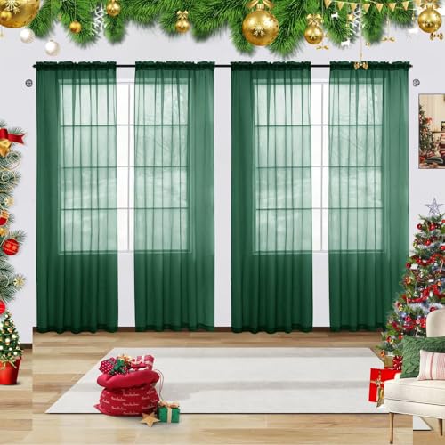 youleyar Solid Sheer Rod Pocket Curtain Voile Draperies 4 Panels White Beige Black Grey Ivory 52 Inch Width 54 Inch Long 1 Pair for Kitchen Bedroom Children Living Room Yard(Foliage Green,52 W???54 L)