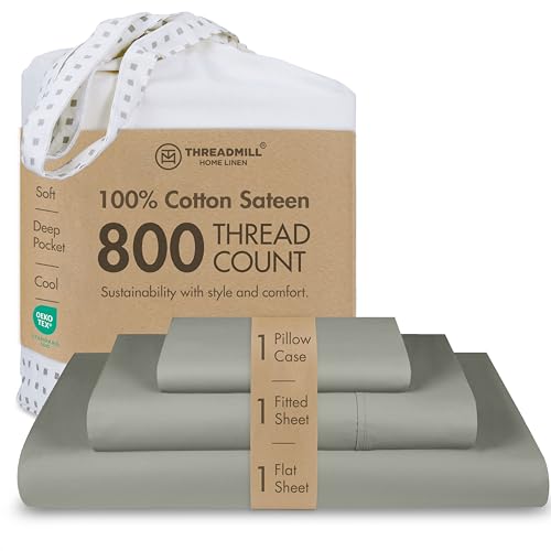 "Threadmill 800 Thread Count Cotton Twin XL Sheet Set, Sateen, Solid, Grey - 100% Cotton, Sateen Weave, 3-Piece Set, 15"" Deep Pocket, Cooling, OEKO-TEX Certified, Machine Washable"
