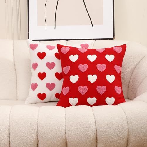 WOKANI Valentines Day Throw Pillow Covers 18x18 Set of 2 Love Heart Couples Decorations Embroidery Cushion Covers Home Decor for Couch Girlfriend Sofa Bedroom, White Red