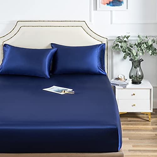 Satin Fitted Sheet, Twin Fitted Sheet Only, 1 - Piece Ultra Soft Deep Pocket Single Silk Bottom Bed Sheet Twin - Navy Blue