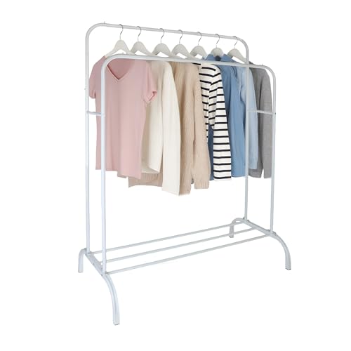 Relaxdays clothes rack, HxWxD: 148 x 110 x 55 cm, with shelf & 2 rails, metal, double rail, white