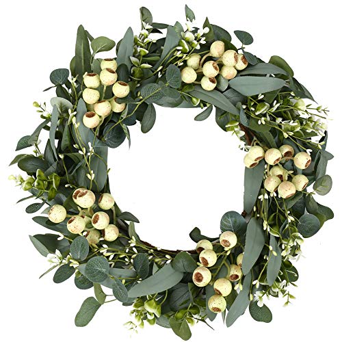 JINGHONG Green Eucalyptus Wreath,Artificial Eucalyptus Leaves Wreath with Big Berries,Spring/Summer Greenery Wreath for Front Door Wall Window Decor-20in