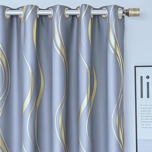MYRU Luxury Striped Blackout Curtains for Bedroom and Living Room, Bluish Grey and Gold, 2 Panels 54x106 Inch