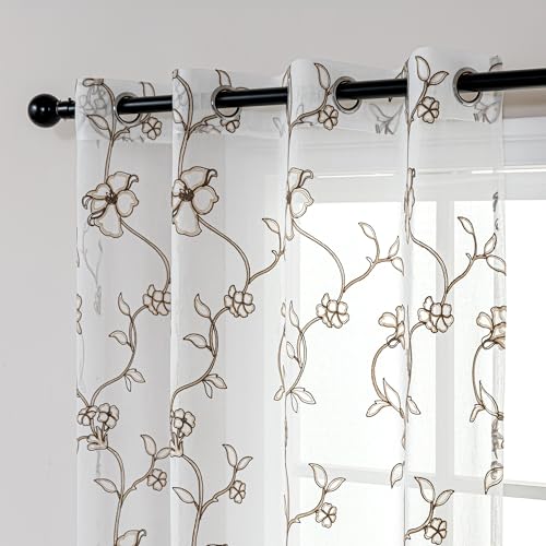 SLEEP ZONE Sheer Curtains for Living Room and Bedroom, Embroidered Sheer Curtains White Sheer Curtain 52 ?? 72 inches Long of 2 Panels, White Floral Leaf
