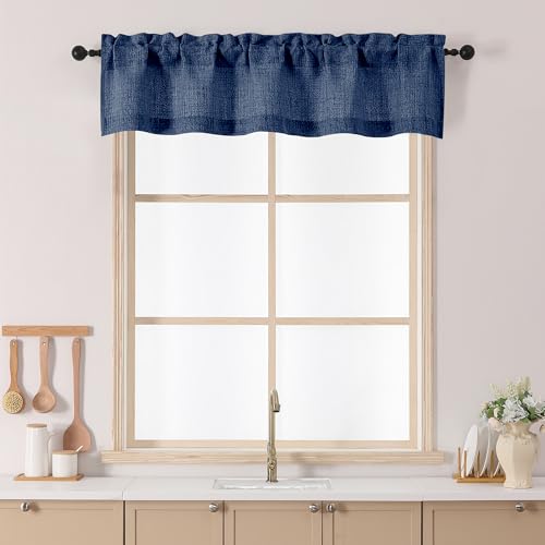 Chyhomenyc Navy Blue Valance for Windows - Light Filtering Faux Linen Slub Textured Small Kitchen Curtains, Rod Pocket Window Short Curtain for Living Room Bathroom Basement, 52Wx12L Inch, 1 Piece