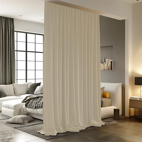 Room Divider Curtains, Blackout Ceiling Track Curtains with Hooks Noise Reduction Privacy Curtain for Wall, 15 ft Wide x 8 ft Tall, Cream Beige, 1 Panel