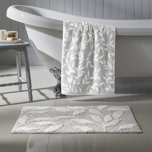 Dreams & Drapes - Grey Leaf Bath Mat (50 x 80cm) - 100% Cotton - Soft Touch - Grey Absorbent Bath Mat - Botanical Floral Bathroom Mat