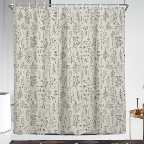 Coxila Vintage Floral Shower Curtain Beige Flower Rustic Farmhouse Retro Spring Botanical Nature Country Cream Ivory Boho Cute Wildflower Nature Bathroom 72 x 84 Inch Polyester Fabric 12 Pack Hooks