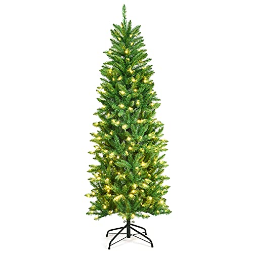 GiantexUK 5FT/6FT Pre Lit Premium Christmas Tree, Green Xmas Tree with 150/250 LED Lights, Metal Stand & 300/743 Branch Tips, Artificial Holiday Tree for Indoor Decoration (6FT)