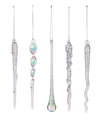 Set of 20 Iridescent Glass Icicles – 14–15 cm – Frosted & Clear Glass Christmas Decorations