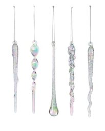 Set of 20 Iridescent Glass Icicles – 14–15 cm – Frosted & Clear Glass Christmas Decorations