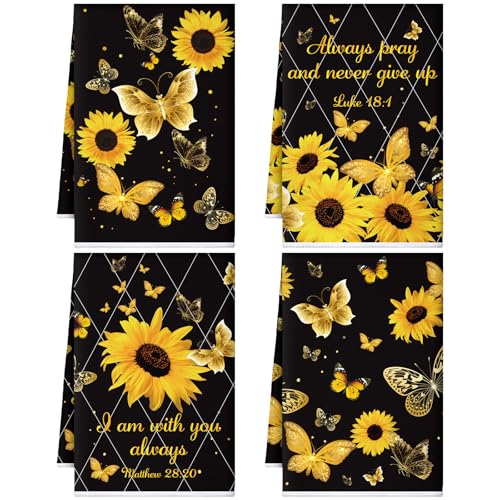 Bencailor 4 Pcs Sunflower Kitchen Towels Butterfly Hand Dish Towels Gifts - Absorbent Fast Drying Dish Clothes Black Yellow Floral Decor Housewarming Gift for Holiday Cooking Kitchen Bathroom