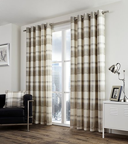 "Fusion - Balmoral Check - 100% Cotton Pair of Eyelet Curtains - 90"" Width x 90"" Drop (228 x 228cm) in Natural, Nautral"