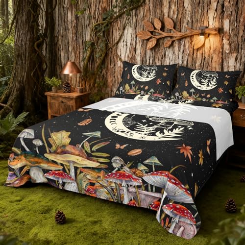 Watercolor Mushroom Bed Sheet Cartoon Moon Cute Dreamcatcher Exotic Sheet Set for Kids Teens Adults Wild Butterfly Leaves Starry Galaxy Bedding Set with Flat,Fitted Sheet,2 Pillowcases King Size