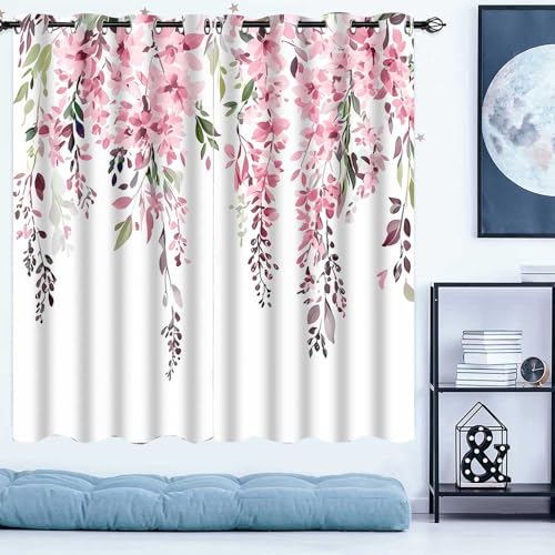 EOTDMS Pink Watercolor Floral Curtains, 42x63 inch, 2 Panels - Botanical Leaves Vine Flowers, Rustic Farmhouse, Blackout Window Treatment Drapes, For Bedroom Living Room