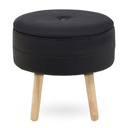 Premier Housewares Black Velvet Stool, Tapered Legs, Channel Detail, Luxe Design, Versatile Stool Chair, Black Velvet Upholstery, Storage Solution, Stool Dimensions W46 x D46 x H44cm.