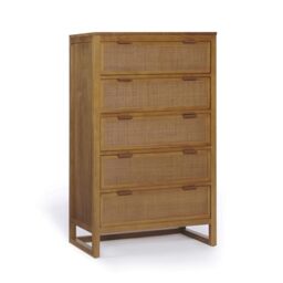 Teamson Home Hatteras Tall Bedroom Dresser Chest of Drawers, Natural - 76 cm Wide, 5 Rattan Inset Drawers, Acacia Veneer Finish, Compact Storage Design