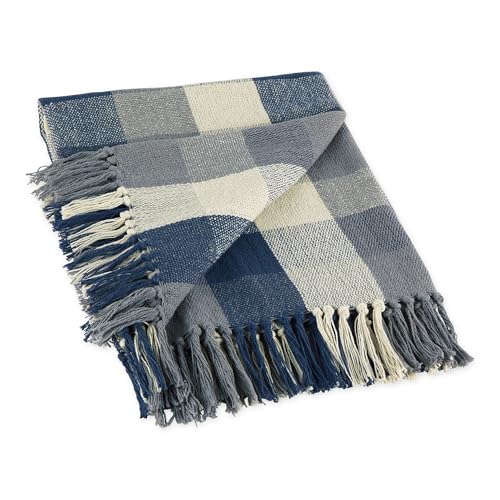 DII Buffalo Check Collection Rustic Farmhouse Throw Blanket with Tassels, 50x60, Tri Color, French Blue