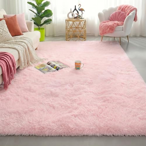 Pink Fluffy Shag Carpet for Girls' Bedroom & Living Room - 4'X6' Plush Rug for Kids & Baby Nursery