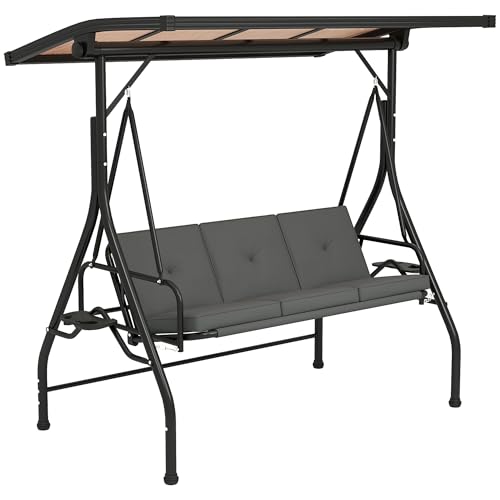 Outsunny 3 Seater Garden Swing Seat Bed with UPF30+ Adjustable Canopy, Convertible Swing Chair with Cushion, Outdoor Hammock Bench with Cup Trays for Balcony Patio, Dark Grey