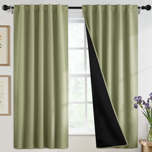 SimpleHome 100% Blackout Curtains for Bedroom,63 Inch Curtains for Living Room Rod Pocket and Back Tab Window Drapes Room Darkening Light Sage Curtain with Black Back,52 x 63 Inch,2 Panels