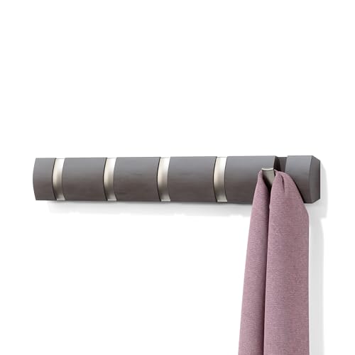 Umbra Flip Wall-Mounted Coat Rack with 5 Hooks – Modern, Space-Saving Storage for Hats, Jackets, Bags, Entryway, Mudroom, Closet, Bathroom, Bedroom – Driftwood/Nickel