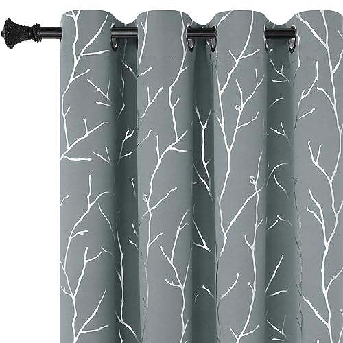 BUHUA Grey Blackout Curtain Panels - Long Drapes, Room Darkening Curtains 95 Inches Long Grommet, Thermal Insulated Window Curtains with Silver Tree Branches Print, 52W x 95L, Light Grey, 2 Panels