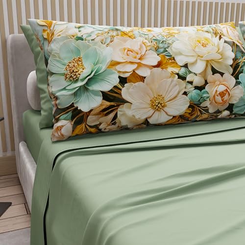 PETTI Artigiani Italiani - Cotton Sheets with Pillowcases in Digital Print, Double Bed Linen, Full Bed Set, Floral 9 Sage, 100% Made in Italy