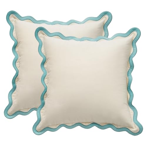 MONDAY MOOSE Decorative Throw Pillow Covers Cushion Cases, Set of 2 Soft Velvet Scalloped Wavy Edge Designs, Mix and Match for Home Decor, Pillow Inserts Not Included (White/Light Blue, 16x16 inch)
