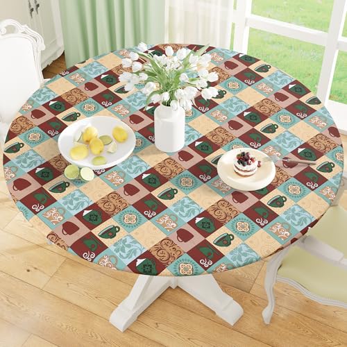"misaya Round Fitted Tablecloth with Elastic Edge, 100% Waterproof Oil Proof Plastic Table Cover, Vinyl Flannel Backed Tablecloth Fits 45""-56"" Round Tables for Dinner, Outdoor, Picnic, Patterned Cups"
