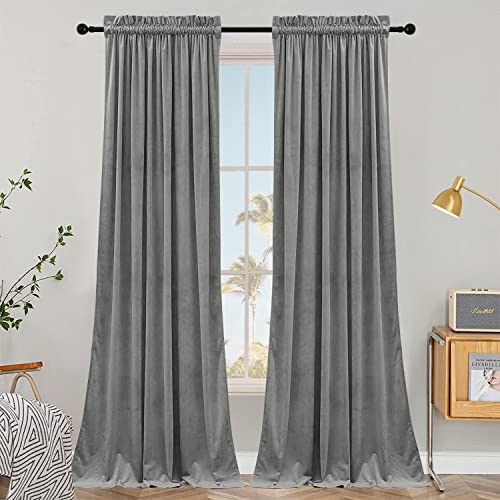 SMILETIME Grey 96in Long Velvet Curtains with Rod Pocket Thermal Insulated Soft Privacy Light-Filtering Velvet Drapes for Bedroom and Living Room, Set of 2 Panels, 52 x 96 Inches Long