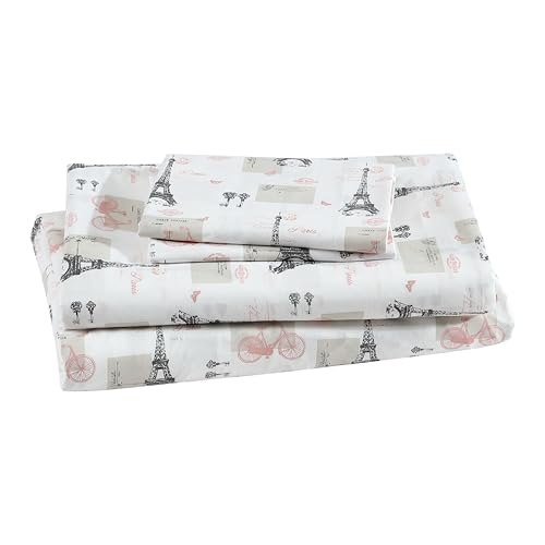 "Beatrice Home Fashions Printed Microfiber Sheet Set, Soft Comfortable Easy Care, Includes 1 Fitted Sheet with 12"" Deep Pockets, 1 Flat Sheet, Pillowcase, Full, Paris Postale"