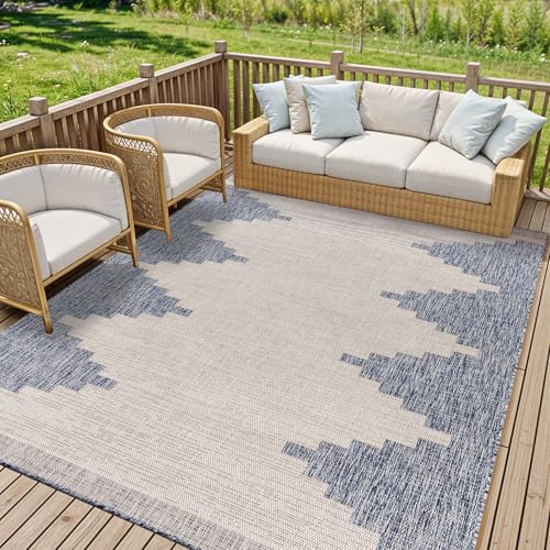 Livabliss Rubal Lagada Indoor Outdoor Floor Covering 200x275 cm – Boho Pattern for Living Room, Dining & Kitchen, Waterproof & Stain-Resistant, Navy, Cream & Grey