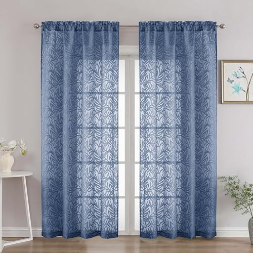 OVZME Extra Wide Dusty Blue Sheer Curtains 84 Inches Long 2 Panels, Elegant Leaf Clip Jacquard Light Filtering Sheer Curtains, Dual Rod Pocket Textured Drapes for Living Room, 2x52Wx84L Inches