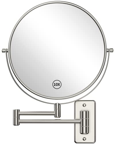 "Benbilry 9"" Large Size Wall Mounted Makeup Vanity Mirror, 1X/10X Magnifying Double Sided Shaving Mirror for Bathroom, 360° Swivel Extendable Arm Nickel Finish"