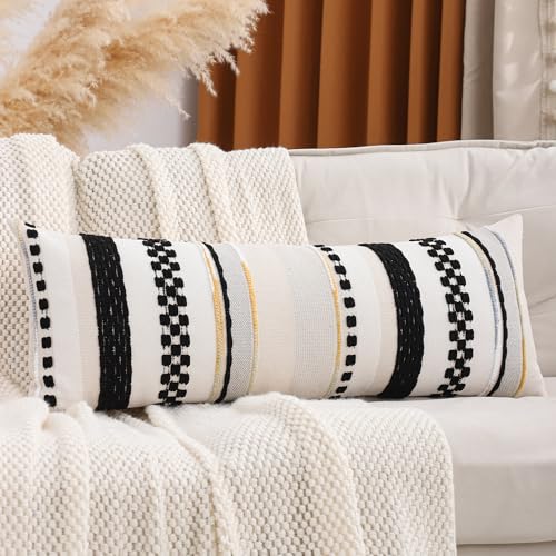 Tosleo Boho Lumbar Throw Pillow Cover 14x36 Long Body Lumbar Decorative Pillow Case Accent Chenille Striped Pillowcase Farmhouse Cushion Case Nuetral Textured Pillow Cover Beige and Black (1 Piece)