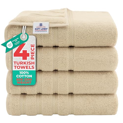 American Soft Linen Luxury 4 Piece Bath Towel Set, 100% Cotton Turkish Bath Towels for Bathroom, 27x54 in Extra Large Bathroom Shower Towels, Beige Bath Towels